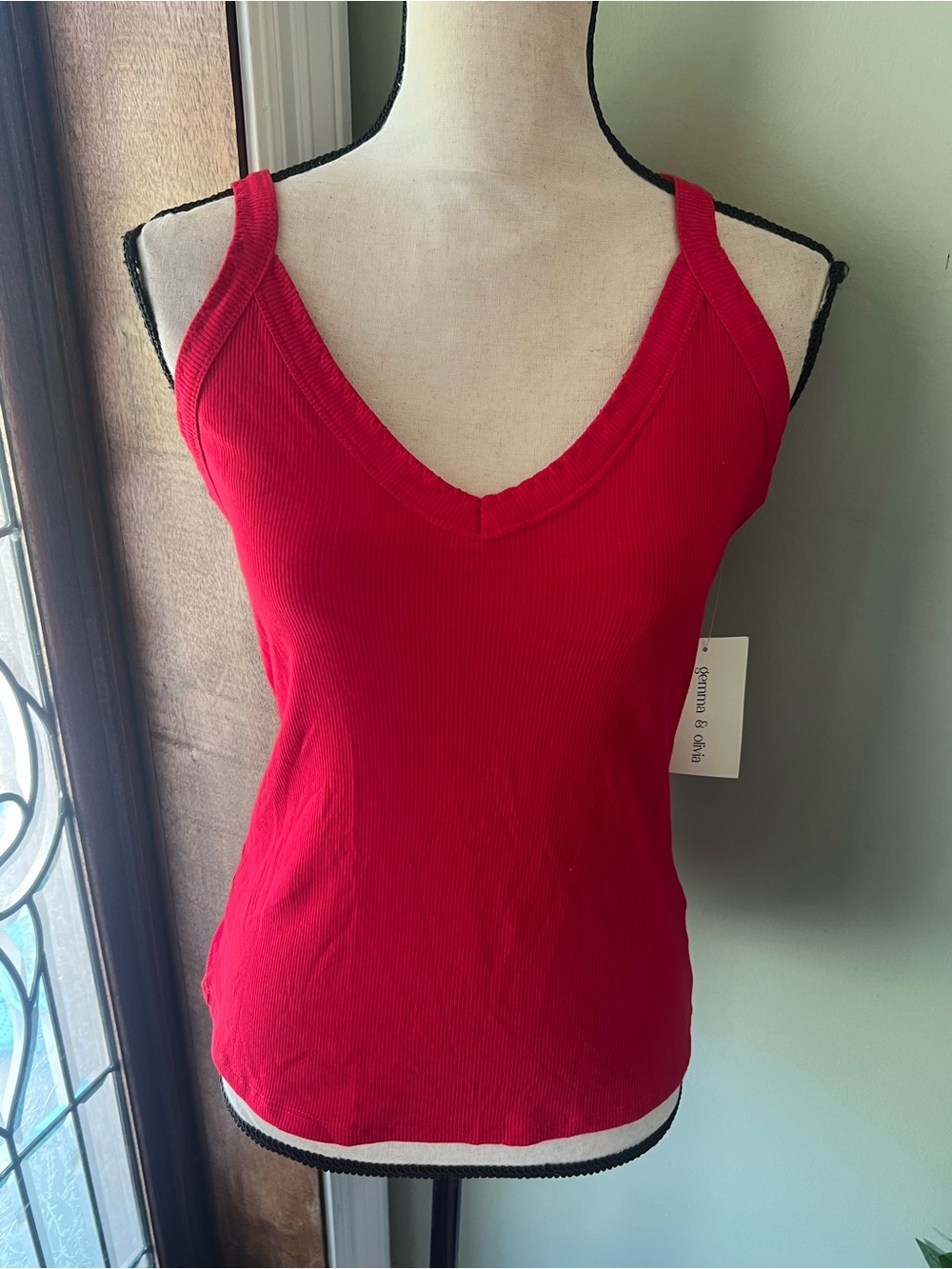 Women's Red V-Neck Ribbed Tank Top
